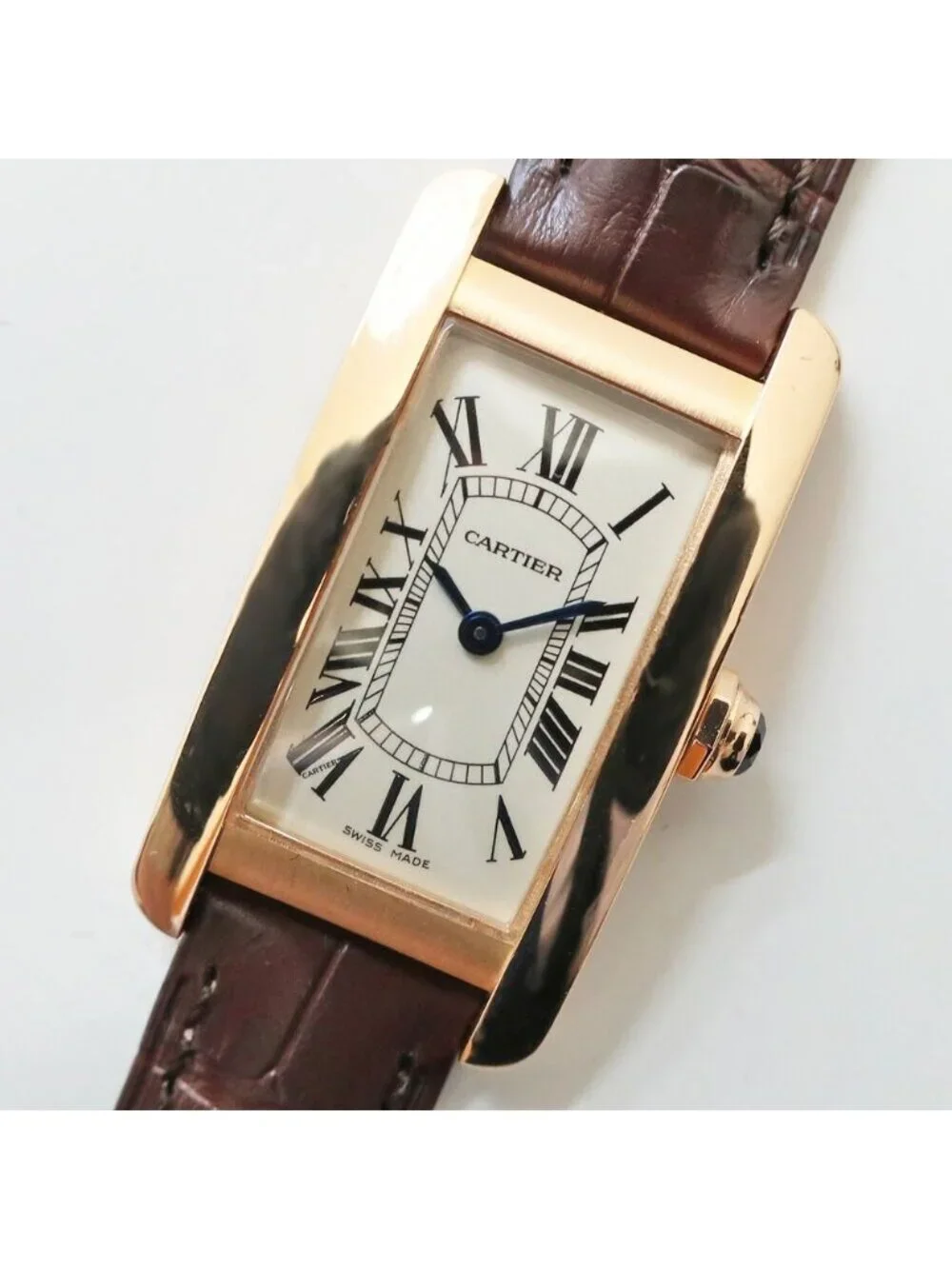Cartier Ten & Battery Replaced Tank American SM PG Leather Silver Quartz Watch